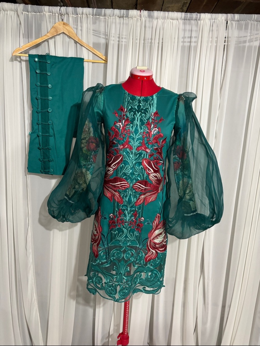 Emerald Teal Embroidered Puff-Sleeve Dress
